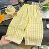 Pantalones de cuadros tipo linterna para niños en verano, pantalones casuales holgados para niñas, niños medianos y grandes, repelentes de mosquitos, pantalones para casa, rosa, amarillo