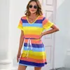 Foto real spot Macacão listrado estampado de gola redonda europeu e americano macacão de manga curta pijama vestido casual