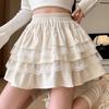 Falda de Pastel de Encaje Blanco para Mujer Primavera y Otoño Ballet Petite Corta Cintura Alta Línea A Plisada Esponjosa