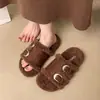 Hebilla 2026 Suela Gruesa Pantuflas de Algodón para Mujer Invierno Exteriores Pantuflas de Piel Calientes Punta Abierta Versátiles Moda Estilo Coreano Correa Única