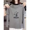Camiseta feminina de manga longa, gola redonda, ombro normal, estilo duas peças falsas, estilosa e versátil, top cinza 100% algodão, camiseta básica para o outono
