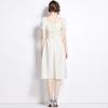 Vestido de Noche de Moda Jacquard Hecho a Mano Tachonado Blanco Manga Abullonada Cuello Cuadrado Cintura Falda Midi