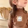Camiseta de Manga Larga Base para Niñas con Cuello Volante, Felpa Cálida, Elegante, Cuello Semi Alto, Ropa Interior, Top Cepillado, Otoño/Invierno, para Niños Mayores