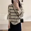 Suéter de Rayas Coreano Otoño e Invierno 100% Lana Pura para Mujer, Media Apertura en V, Holgado, Moda, Suéter de Punto de Lana Camiseta Interior