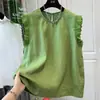 Talla Grande 120kg Patchwork de Encaje Sin Mangas para Mujer Verano Holgado Top tipo Camiseta con Mangas Volantes, Abertura y Botones Top de Moda