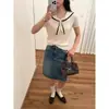 Camiseta Gris Azul Marino con Cuello de Manga Corta para Mujer 2025 Nuevo Diseño Chic Top Adelgazante