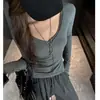 Top base de manga comprida com decote V em modal para mulheres, uma peça íntima elegante e casual para outono/inverno com um visual sofisticado e ombros de corte reto.