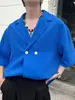 Camisa de Manga Corta con Diseño Azul Klein de Verano para Hombre, Holgada, Estilo Waffle, Cuello Cubano, Camisa de Traje de Moda