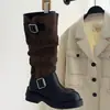 Botas de montar altas vintage de color negro bloqueado para mujer, otoño e invierno, con hebilla de cinturón, tacón grueso, alargan las piernas, por encima de la rodilla, botas largas de nicho