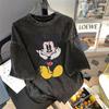 Camiseta de manga corta con estampado de Mickey desgastado y lavado de marca de moda nacional, top de media manga extragrande de nicho de calle principal estadounidense para mujer