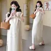 Nueva Ropa de Maternidad de Verano, Vestido Moderno de Mamá de Corte Holgado, Adelgazante y Elegante para Salir, Vestido de Maternidad de Longitud Media con Borlas