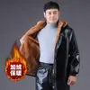 Conjunto de jaqueta e calça de couro com forro de fleece, espessado, à prova de vento, quente, casual, durável, adequado para andar de moto, trabalho de entrega e uso no inverno