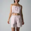 Europeu e Americano Novo Conjunto Feminino de Camisola com Listras Estilo Preguiçoso e Shorts com Renda Casual Cintura Elástica Roupa Feminina Transfronteiriça