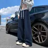 Calça de moletom reta de peso pesado, com caimento fluido e cós em blocos de cor, para homens e mulheres, novo estilo outono, modelagem solta, calça esportiva casual de malha roxa