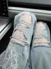 Jeans Rotos de Encaje Azul Claro Talla Plus para Mujer, Estilo Delgado de Verano, Cintura Alta Sueltos, Pantalones Rectos de Pierna Ancha Adelgazantes