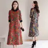 Fotos reais de um vestido estampado estilo étnico retrô, plus size, modelador, de comprimento até o joelho, perfeito para outono e inverno, com forro de fleece adicionado para aquecimento extra