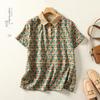 Real tiro nova mãe verão cor combinando lapela floral manga curta camisa meia-idade camisa fina costurando top solto