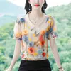 Toma Real de Blusas de Verano 2024 con Cuello de Muñeca y Empalmes, Elegantes y Juveniles Blusas de Seda con Flores 3D