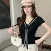 5167 # Nova Camiseta de Verão Estilo Doce com Alças para Amarrar no Ombro, Manga Curta para Mulheres, Caimento Justo com Bojos Embutidos