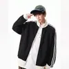 Sudadera con capucha de retazos a rayas y gofres estilo retro americano con cuello alto para hombre, cárdigan de otoño, top exterior informal holgado