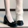 Versão em Couro Macio~Sapatos Mary Jane de Salto Bloco, Bico Fino, Laço Retro, Sem Cadarço para Mulheres, Versáteis para o Trabalho
