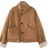 Chaqueta reversible de ante y borrego para mujer, engrosada para otoño e invierno, estilo retro, cálida, con cuello alto y bolsillos grandes, hecha de una combinación de cuero y piel.