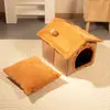Casa de Gato de Pelúcia Grossa de Inverno, Ninho Quente para Animais de Estimação Interno com Orelhas de Urso 3D, Adequada para Gatos e Cachorros, Removível e Lavável