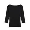 Camiseta Minimalista Moderna de Cuello Barco con Manga Tres Cuartos, Corte Ajustado, Dulce, Chica Casual, Versátil, Color Sólido, Camisa Básica