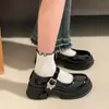 Sapatos de Couro Pretos de Salto Alto com Solado Grosso Estilo JK Japonês, Bico Redondo, Aumentadores de Altura, para Mulheres, Sapatos Mary Jane Retrô para Primavera e Outono