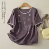 Nueva camiseta de punto de algodón y lino de manga corta, holgada, adelgazante y rejuvenecedora, con bordado de dibujos animados, de nicho