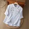 Camisa artística de doble capa de gasa de algodón estilo bosque de verano para mujer, corte holgado con flores bordadas, algodón suave, mangas de tres cuartos