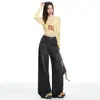 Jeans Preto Wide-Leg com Forro de Lã Estilo Retrô Americano para Mulheres, Outono e Inverno Espessado de Cintura Alta Solto Modelador para Baixinhas Calças Retas