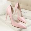 638-5 Versión coreana de EBAY tacón de aguja simple tacón alto charol boca poco profunda puntiagudos huecos Sexy Slim zapatos de tacón alto