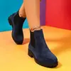Botas Femininas Transfronteiriças Outono Inverno Botas Chelsea Cano Curto Foscas Femininas Bico Redondo Elástico Salto Bloco Nude Botas Europeias e Americanas Tamanho Grande Botas Femininas Cano Curto