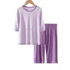 Pijama de Verano Fino para Mujer Conjunto de Dos Piezas Textura de Algodón Modal Color Sólido Conjunto de Shorts de Manga Corta Ropa de Casa Manga Tres Cuartos