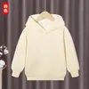 Moletom de Algodão Infantil, Cor Sólida, Sem Zíper, Forrado com Fleece, Gola Redonda, Ombro Caído, Estilo Primavera e Outono, Caimento Solto, Estampa, Transfronteiriço