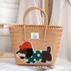 Bolsa Tejida de Perro de Dibujos Animados Retro Dopamina Cesta Tejida a Mano Bolso de Mano para Mujer Versátil para Viajes y Playa