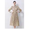 Vestido con Cuello Bordado para Mujer Mangas Largas Tipo Farol Cintura Ajustable con Cordones Falda de Línea A de Longitud Media Ropa Transfronteriza para Mujer Europea y Americana