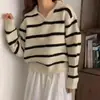 Corea del Sur chic2024 Nuevo Otoño e Invierno Estilo Occidental Vintage Cuello Polo Rayas de Color Contrastante Suéter de Manga Larga para Mujer