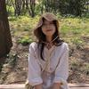 Sombrero de paja con encaje de flores y perlas estilo japonés para mujer, sombrero de copa plana para viaje de primavera y verano.