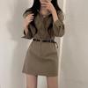 Corea del Sur ins otoño retro pequeño elegante solapa cinturón cintura ajustada camisa vestido de mujer cintura alta falda línea A