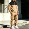 Conjunto de moletom e calça casual de outono e inverno para homens, europeu e americano, com forro de fleece, bloqueio de cor, corte solto, para uso externo e trabalho, com gola alta