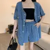 Cardigan Jeans Estilo Tweed Tops Feminino Verão 2023 Novo Design Solto Crochê Celebridade da Internet Manga Curta