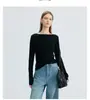 Camiseta de Manga Larga de un Hombro de Lyocell Tencel y Lana Engrosada para Otoño e Invierno, Adelgazante, Muestra la Figura, Hombro Descubierto, Prenda Base