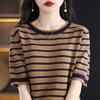 Suéter de Tricô Vazado Feminino Camiseta Fina de Manga Curta Verão Novo Gola Redonda Listrado Curto 100% Algodão Linha Peça de Roupa Externa Top Lote