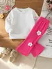Amazon Conjunto Primavera e Outono para Meninas Moletom de Manga Longa Calça Micro Flare com Flores 3D Roupa Doce Fofa para Bebês e Crianças Em Estoque