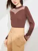 [Hengjia Qzl] Tricô Ligeiramente Translúcido com Strass Quente Gola Redonda Manga Longa 2025 Outono Mistura de Lã Slim Top Interno