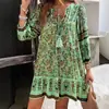 Em Estoque 2025 Camisa Estampada Transfronteiriça Europeia e Americana Exportação Primavera e Verão Casual Boêmia Vestido de Férias com Decote V para Mulheres