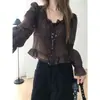 Em estoque Ins Coreano Outono Inicial Camisa Texturizada de Botão Único com Amarração Manga Longa Feminina Top Cropped Francês