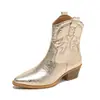 Colección de invierno 2026 transfronteriza: Botines retro de tacón grueso bordados estilo western, para mujer talla grande, casuales, de punta, brillantes, tipo Martin